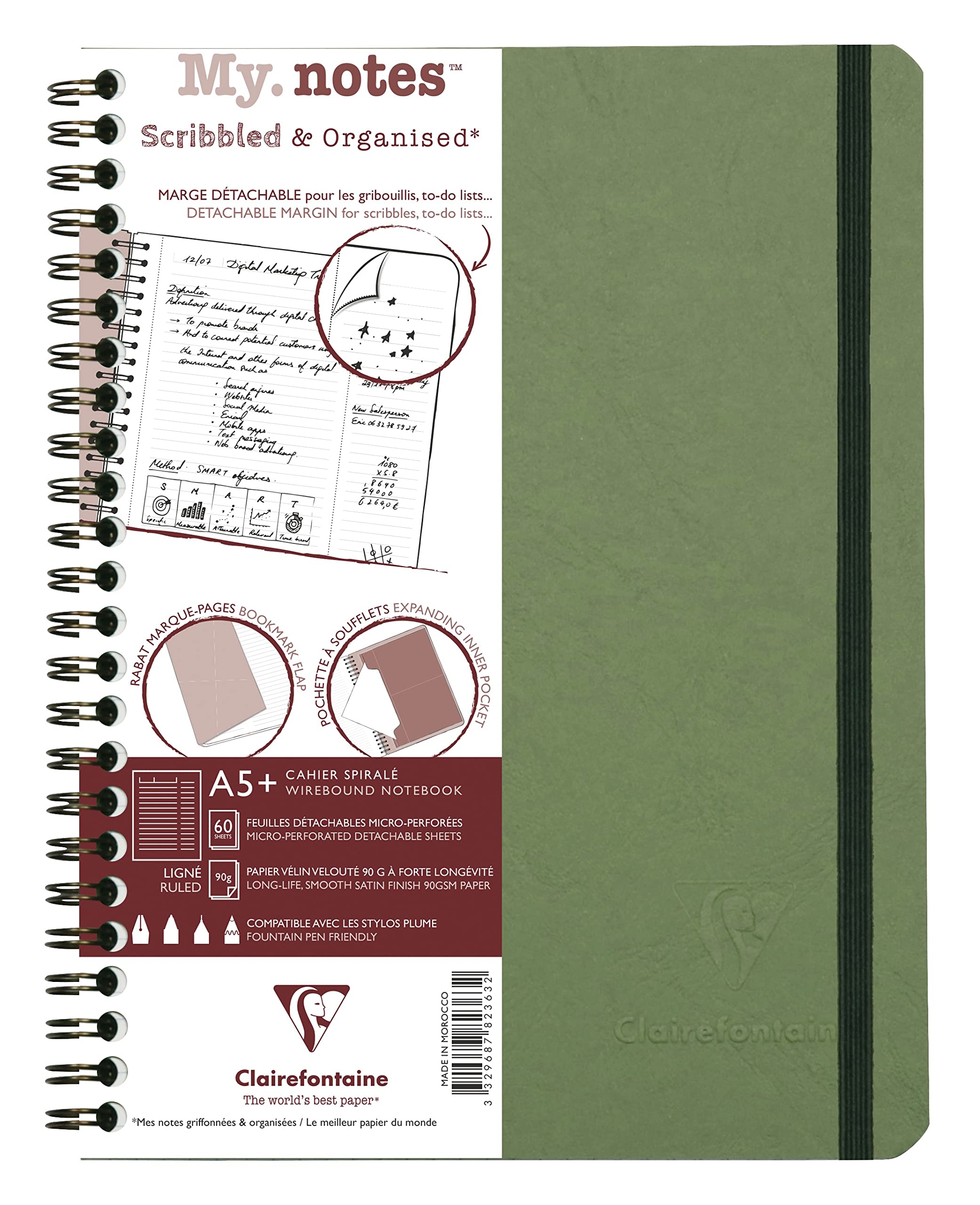 Clairefontaine 782363C Age Bag Collection MyNotes Green Spiral Notebook w/ Margins A5+ 16x21cm - 120 Ruled Detachable Pages - 90gsm White - Leather Card Cover
