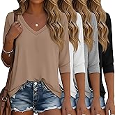 Ficerd 4 Pack Women's 3/4 Sleeve T Shirts, V Neck Casual Tunic Tops Loose Fit Cotton Basic Shirts Solid Color Fashion Tees