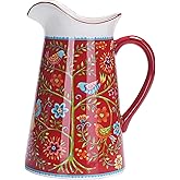 Bico Red Spring Bird Ceramic 2.5 Quarts Pitcher with Handle, Decorative Vase for Flower Arrangements, Dishwasher Safe