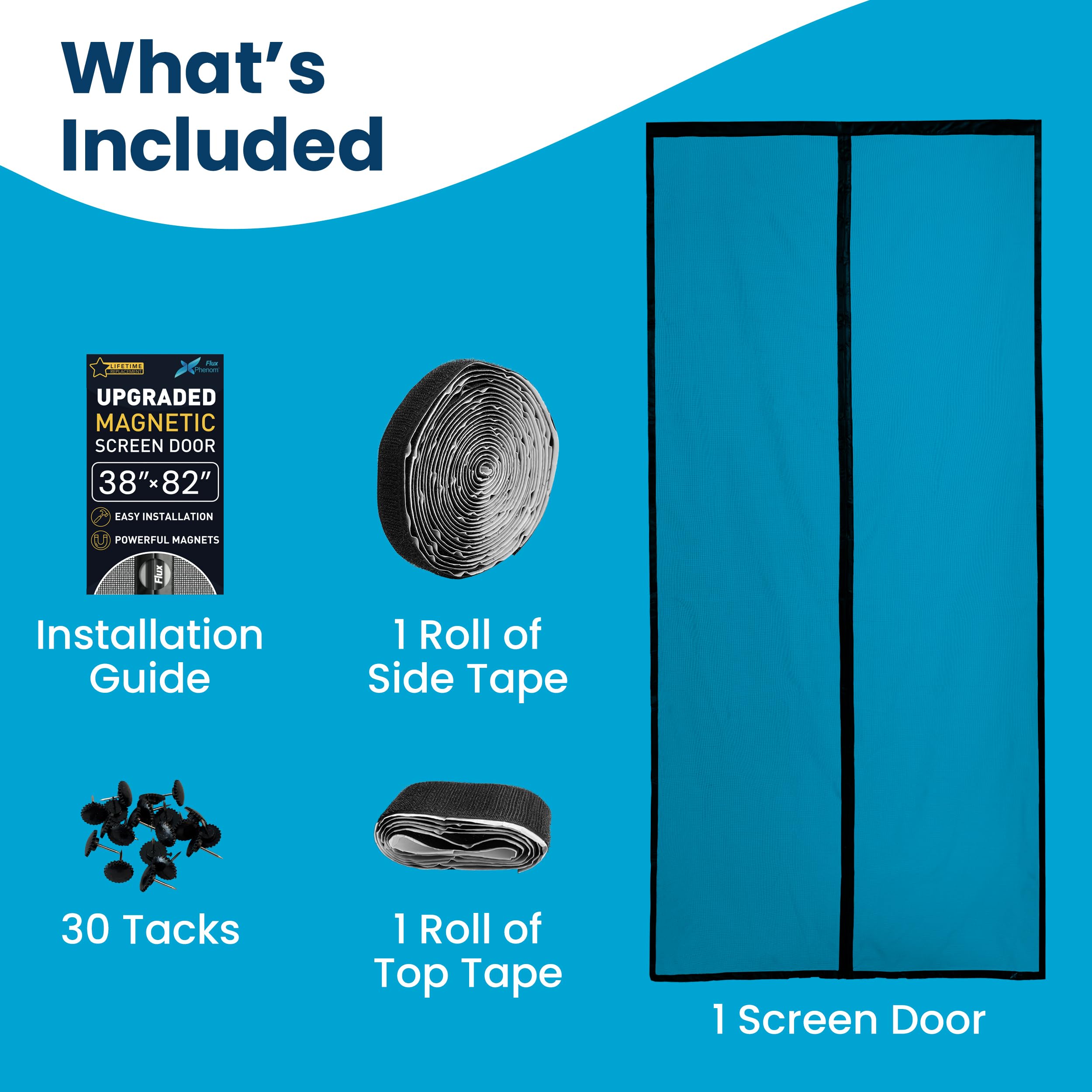 Magnetic Screen Door - Bugs Out, Breeze in - 9min Install Auto-Sealing Heavy Duty Double Stitched Mesh, 52 Magnets, Hands Free Sliding & Patio Door Net, Pet & Kid Friendly, 38 x 82 Inch, Flux Phenom