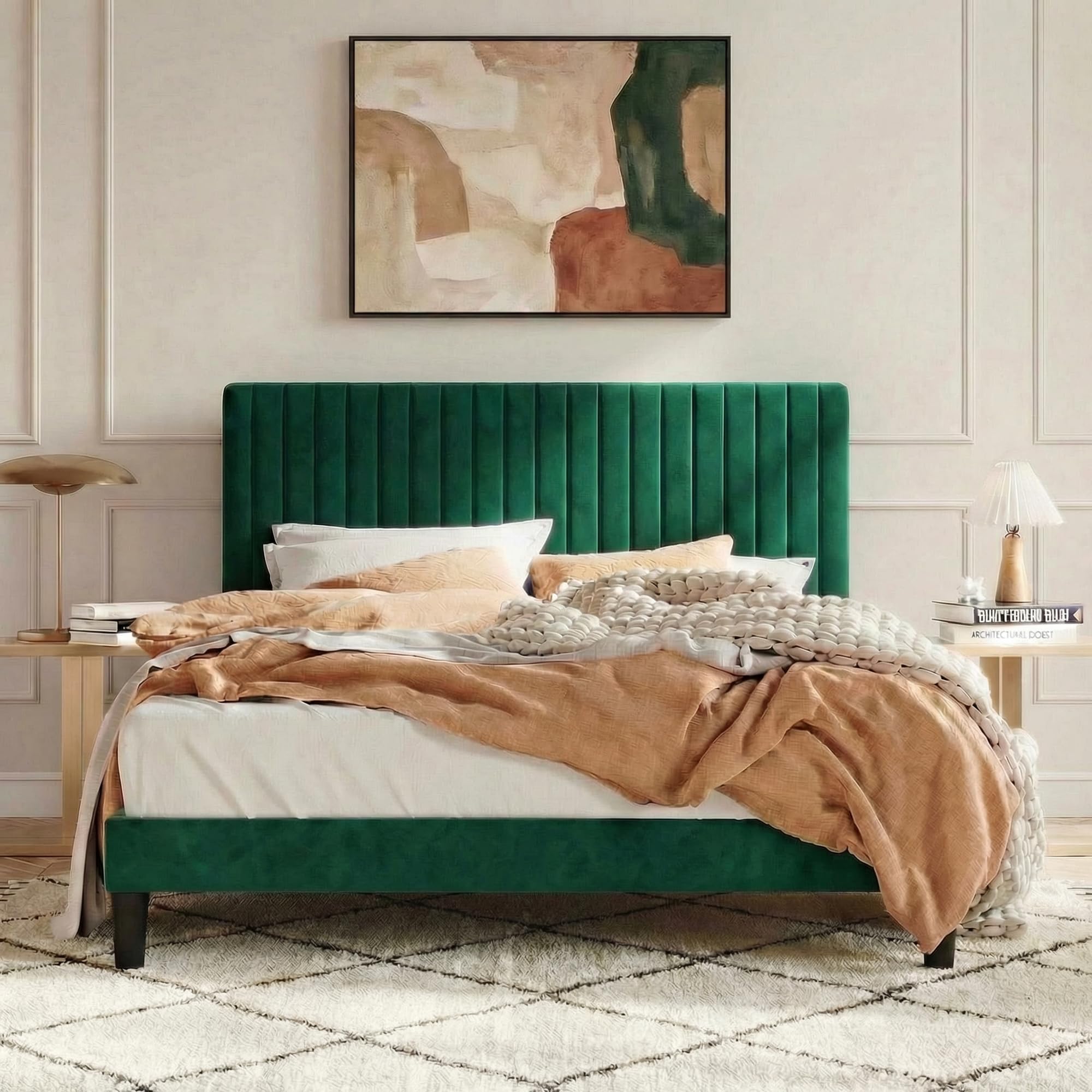 SHA CERLIN Queen Upholstered Platform Bed Frame with Vertical Channel Tufted Velvet Fabric Adjustable Headboard, Wooden Slats Support, Mattress Foundation, Box Spring Optional, Green Image