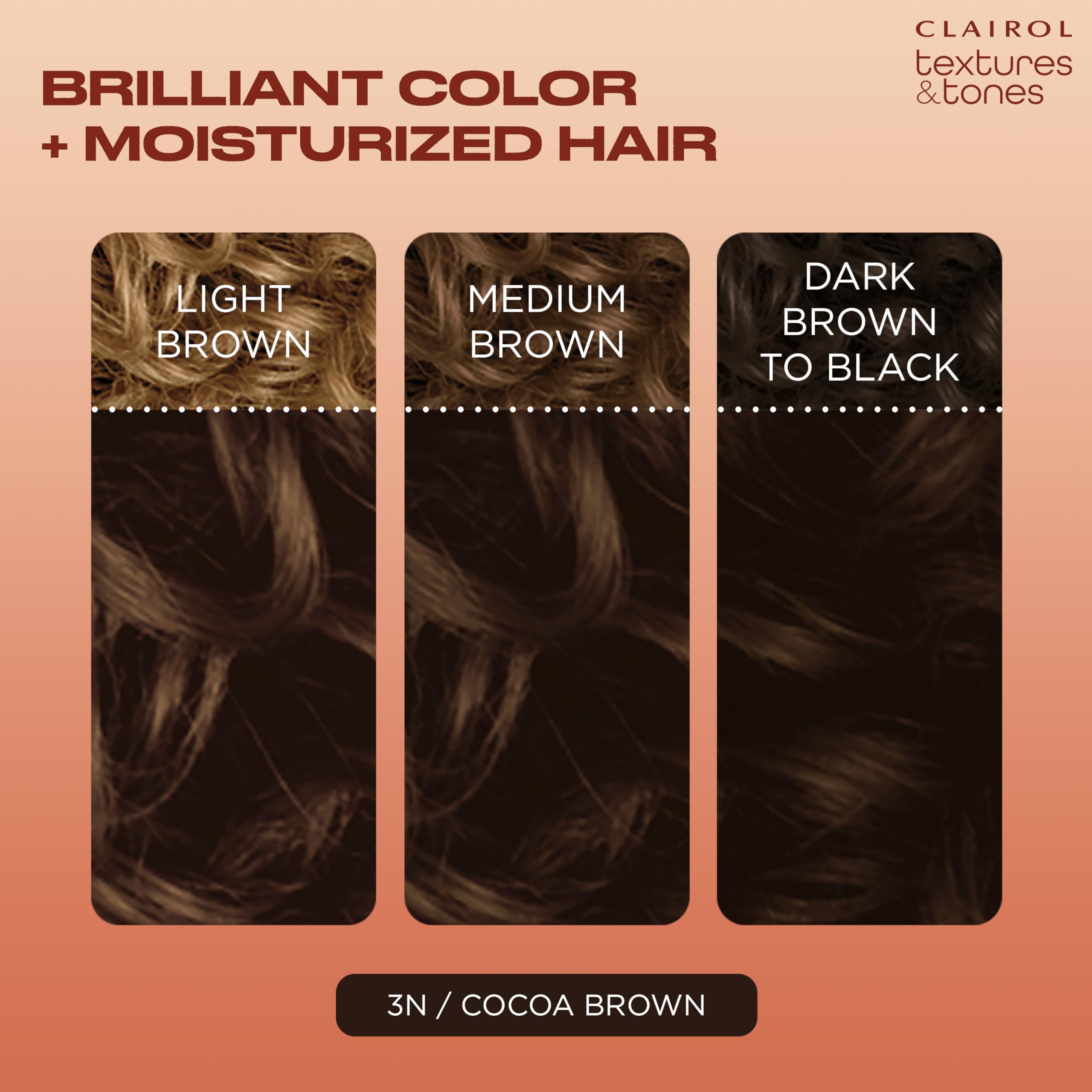 Clairol Textures & Tones Permanent Hair Dye, 3N Cocoa Brown Hair Color, Pack of 1