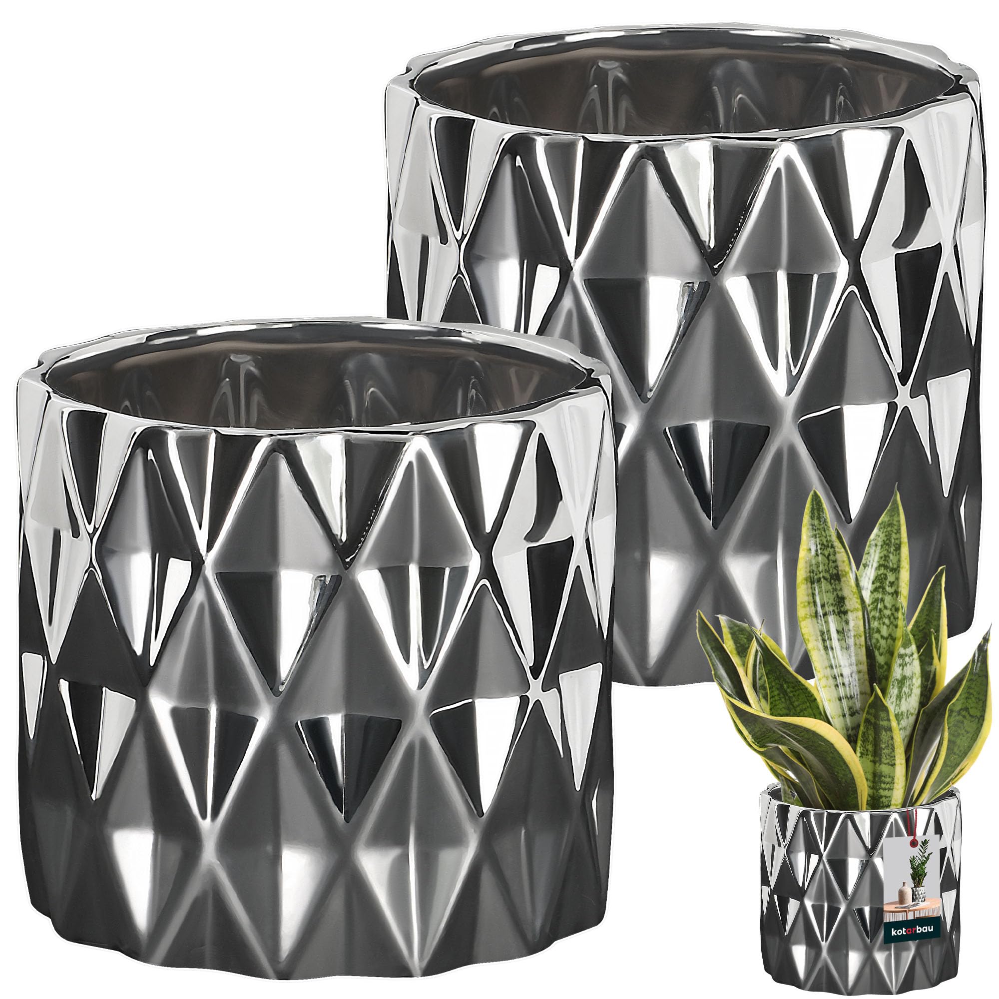 KOTARBAU® Set of 2 Silver Glazed Ceramic Flower Pots Cylindrical Shape