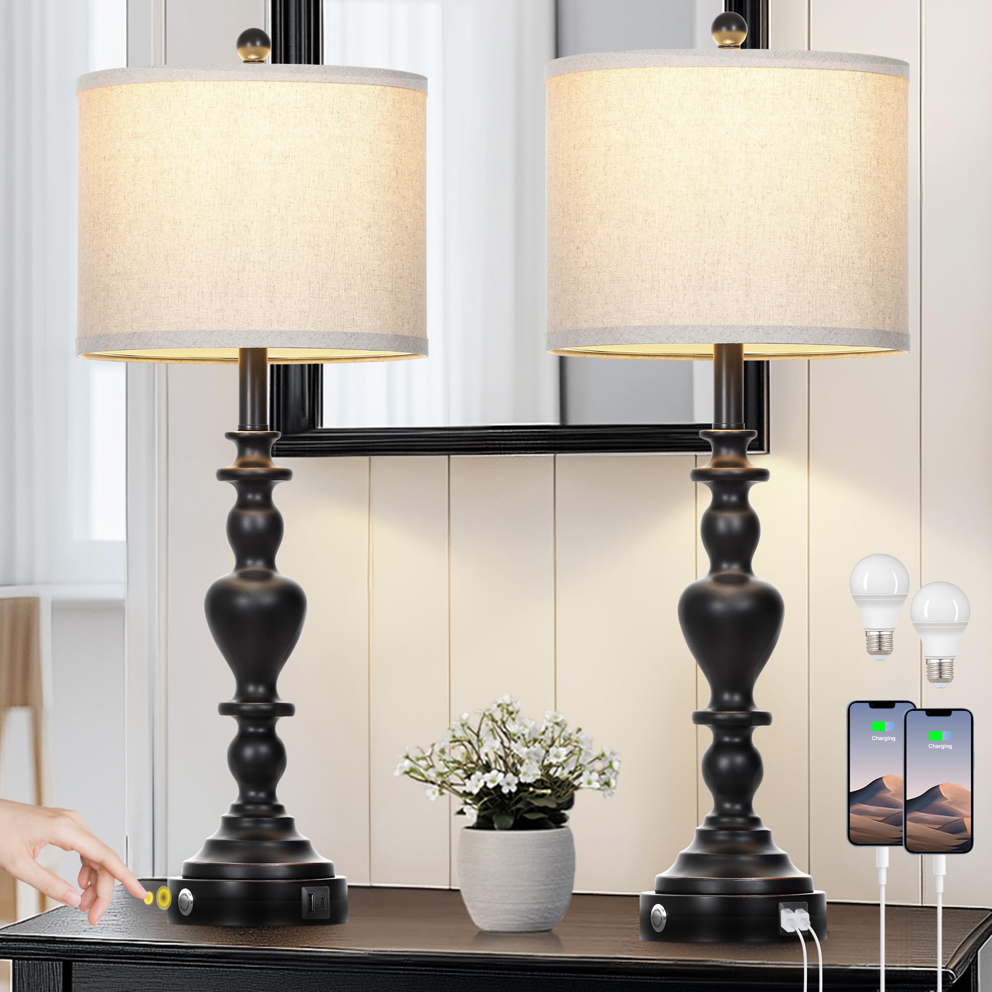 Photo 1 of 27" Farmhouse Vintage Lamps Set of 2 with USB C+A Charging Ports, Black Rustic Touch Control Table Lamp for Living Room, 3-Way Dimmable Traditional Nightstand Bedside Lamp Linen Washed for Bedroom