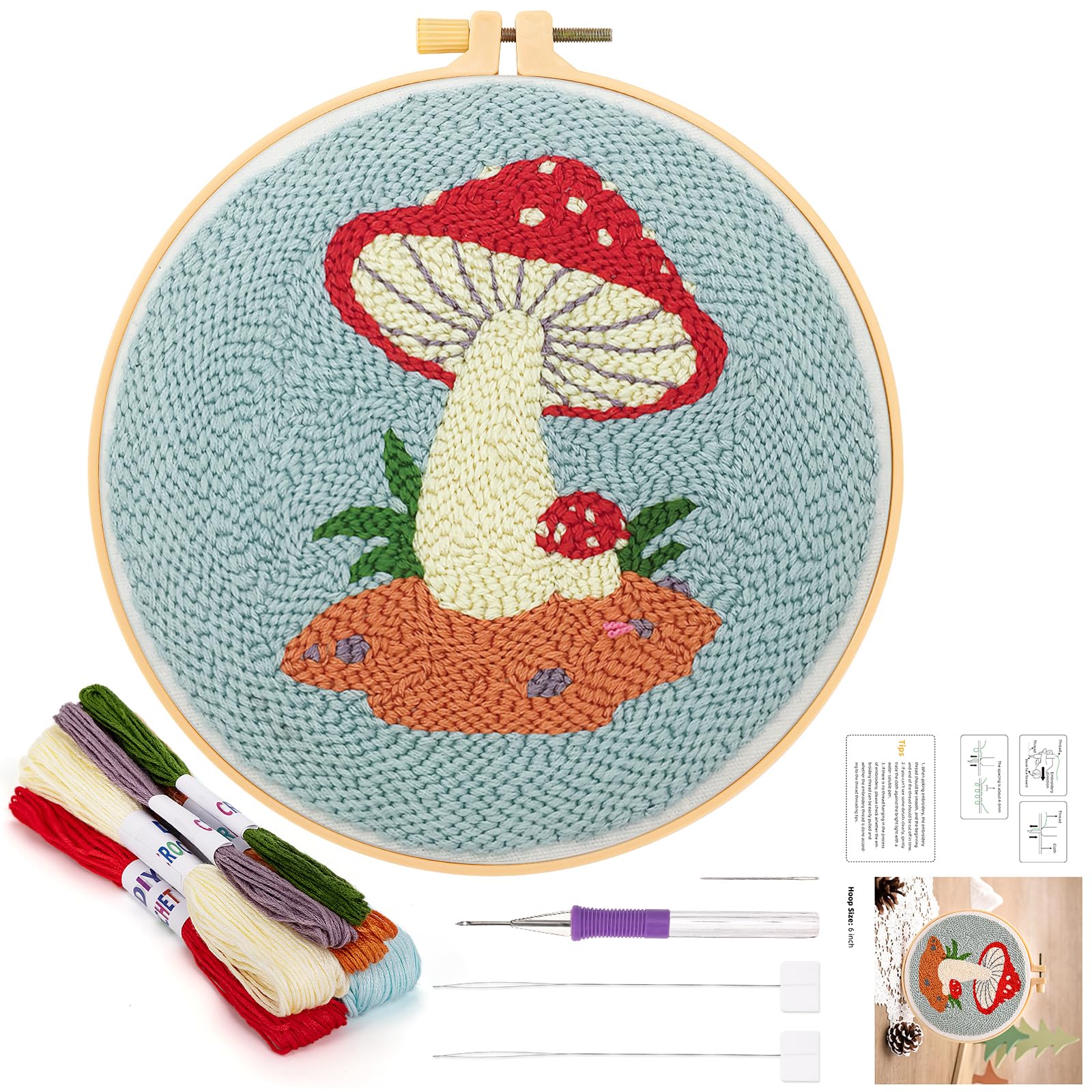 JSRQT Punch Needle Kits Embroidery Starter Kit Punch Needle Kits for Adults Beginner with Mushroom Pattern Handcraft with Instructions Cross Stitch Rug Hooking Tool