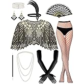 DTOFOOT 9 Pieces 1920s Flapper Gatsby Accessories Set Fashion Roaring 20s Party Costume Theme Set Tea Party Hat Dress up with Headband Headpiece for Women, Black Gold