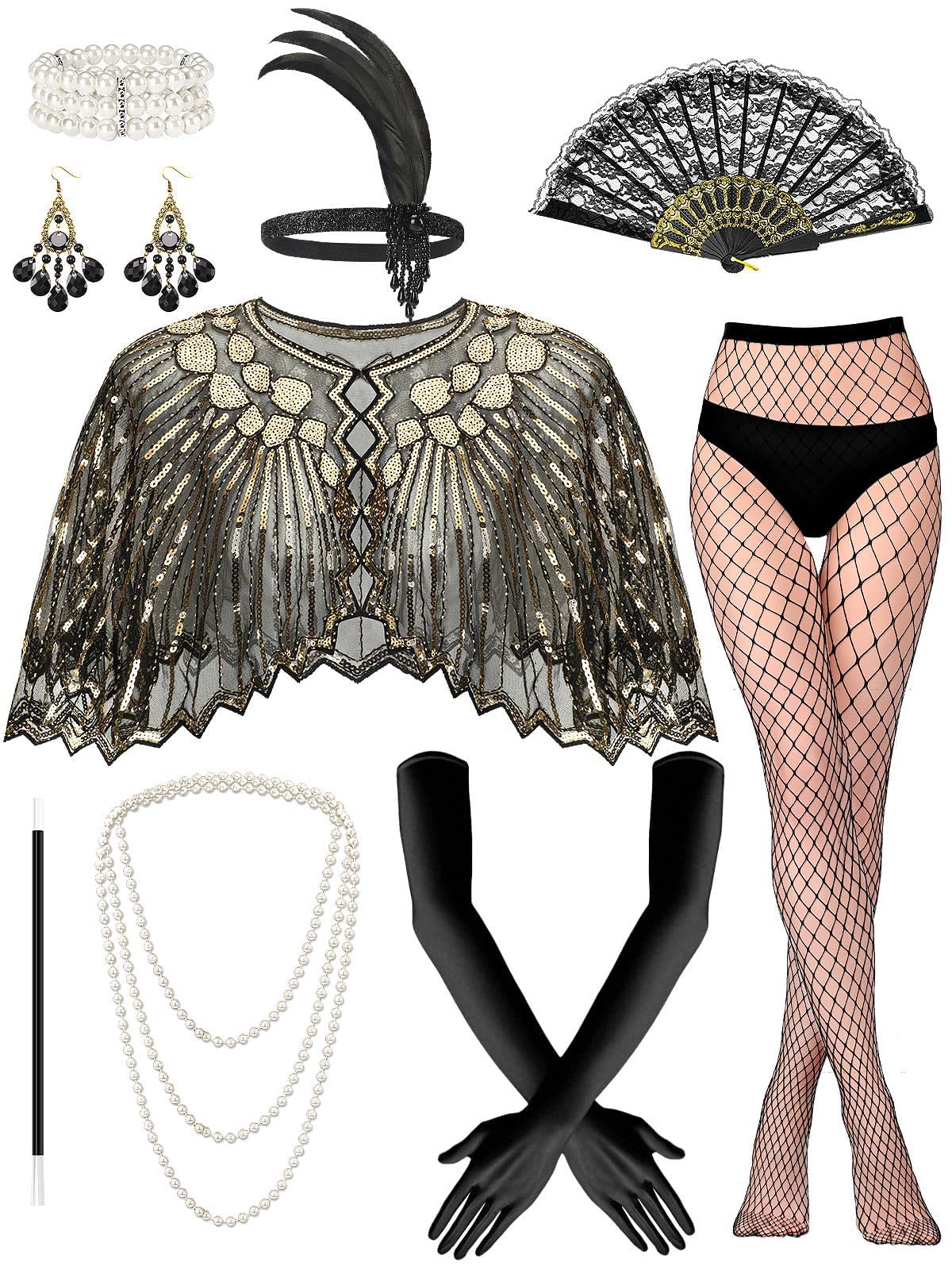 Photo 1 of DTOFOOT 9 Pieces 1920s Flapper Gatsby Accessories Set Fashion Roaring 20s Party Costume Theme Set Tea Party Hat Dress up with Headband Headpiece for Women, Black Gold
