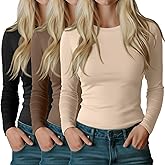 Riyiper 3 Pack Women's Long Sleeve Shirts Cotton Blend Crew Neck Slim Fit Tops Basic Layering Soft Casual Everyday Undershirt
