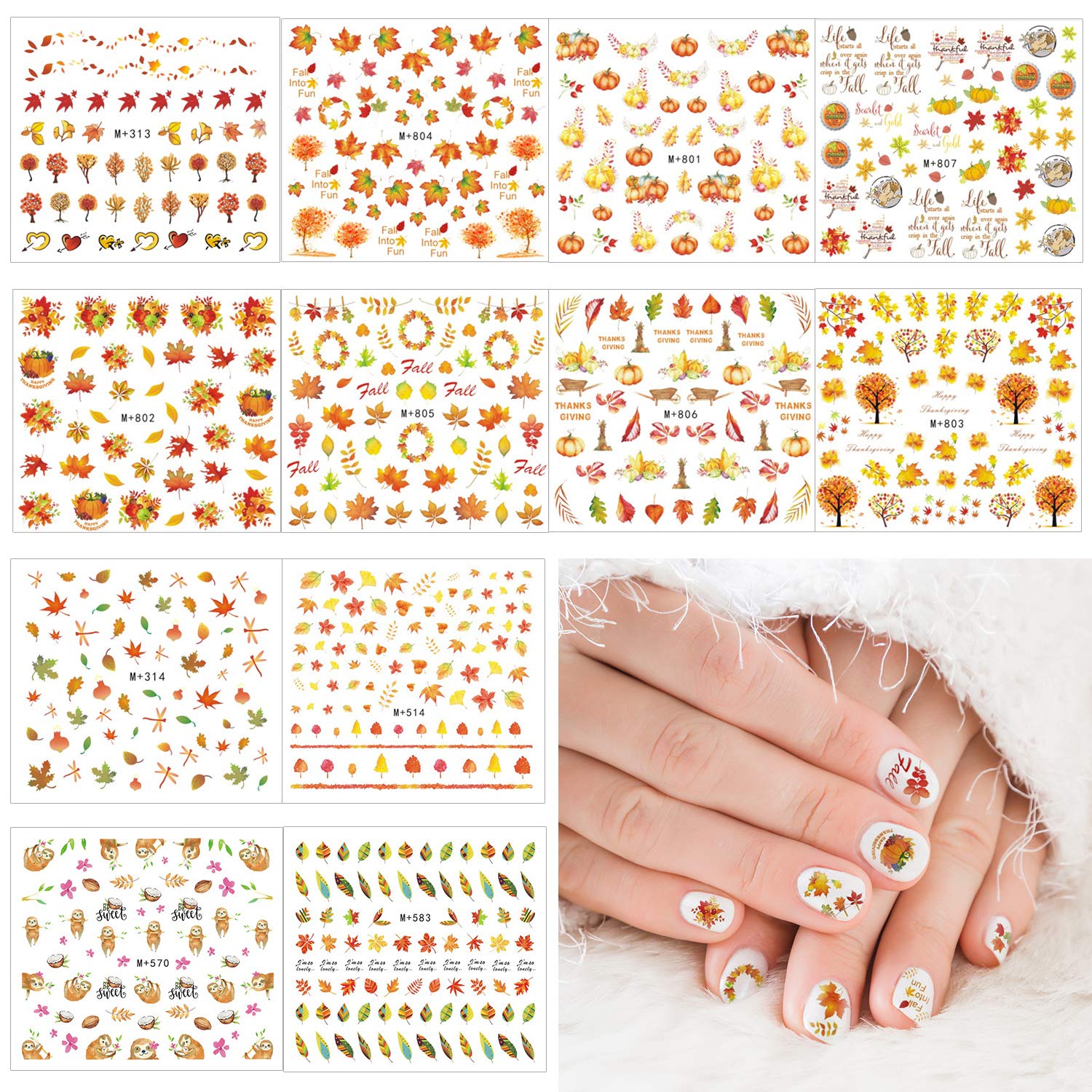 Whaline 12 Sheet Nail Art Tattoo Stickers Maple Leaves Water Transfer Decals 720Pcs Self-Adhesive Stickers Harvest Pumpkin for Women Girls DIY Autumn Thanksgiving Day, 12 Sheets
