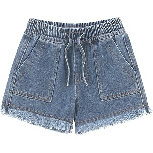 Spring&Gege Girls Jean Shorts Denim Elastic Waist Drawstring Raw Hem Summer Casual Shorts for Little Teen Girls 5-14 Years