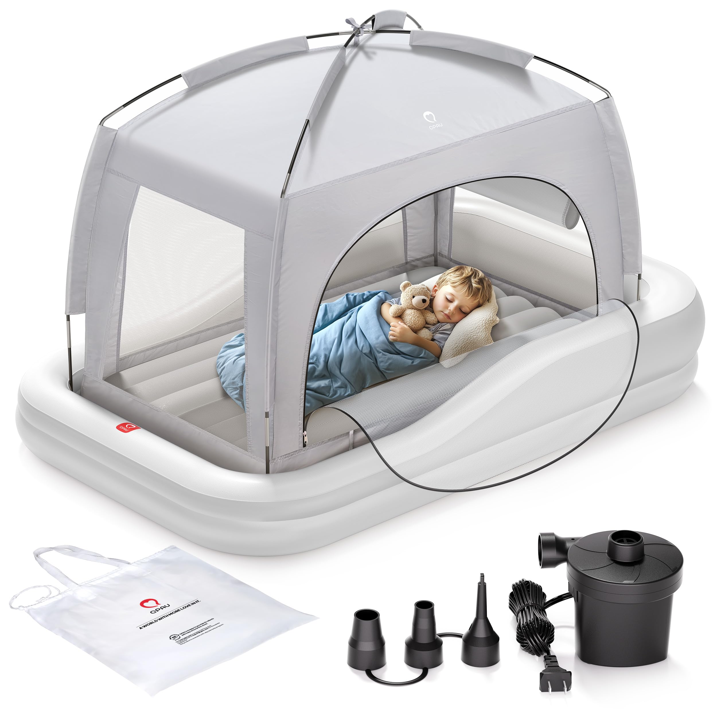 Photo 1 of QPAU Inflatable Toddler Travel Bed with Tent, Portable Kids Air Mattress with Safety Sides, Ideal for Home, Grandma's, Camping, Traveling -Includes Fast Electric Pump (Gray)