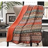Cozyholy Boho Quilt Twin Size 100% Cotton Quilted Blanket Colorful Bohemian Striped Bedspread Coverlet Reversible Lightweight Stitch Vintage Bed Cover Throw Blanket for Couch Sofa Orange