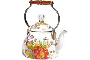 MACKENZIE-CHILDS Enamel Tea Kettle, Stylish Tea Kettle for Stovetop, White Flower Market, 2 Quarts