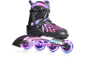 SUPER YOUNGSTER Girls Inline Skates for Boys Kids Ages 4-12, Adjustable Light Up Roller Skates for Youth Teens Ages 8-12, Beginner Blades for Women Adults