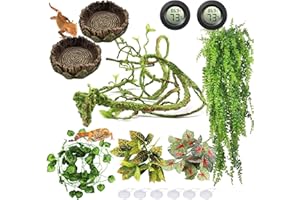 FineCheer Leopard Gecko Tank Accessories Include Artificial Reptile Hanging Plant Terrarium Reptile Plants Reptile Water and Food Bowls Digital Thermometer Hygrometer for Dragon Lizard Snake Geckos