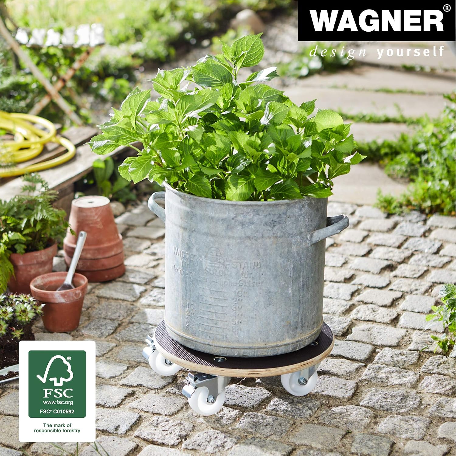 WAGNER Plant trolley MAXIGRIP diameter 38 x 11 cm I Container trolley for indoor + outdoor I FSC -certificated tranport helper wood with 2 total breaks I Load capacity 250 kg I Made in Germany - Image 3