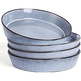 HaWare Pasta Bowls Set of 4, 34oz Salad Plates Set for Home Kitchen, Stackable Large Wide Ceramic Bowls for Serving Dinner, Microwave & Dishwasher Safe, Reactive Grayish Blue
