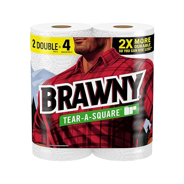 BRAWNY TEAR-A-SQUARE PAPER TOWELS, 2 DOUBLE ROLLS = 4 REGULAR ROLLS, 3 SHEET SIZES (QUARTER, HALF, FULL), STRENGTH FOR ALL MESSES, CLEANUPS, AND MEAL PREP