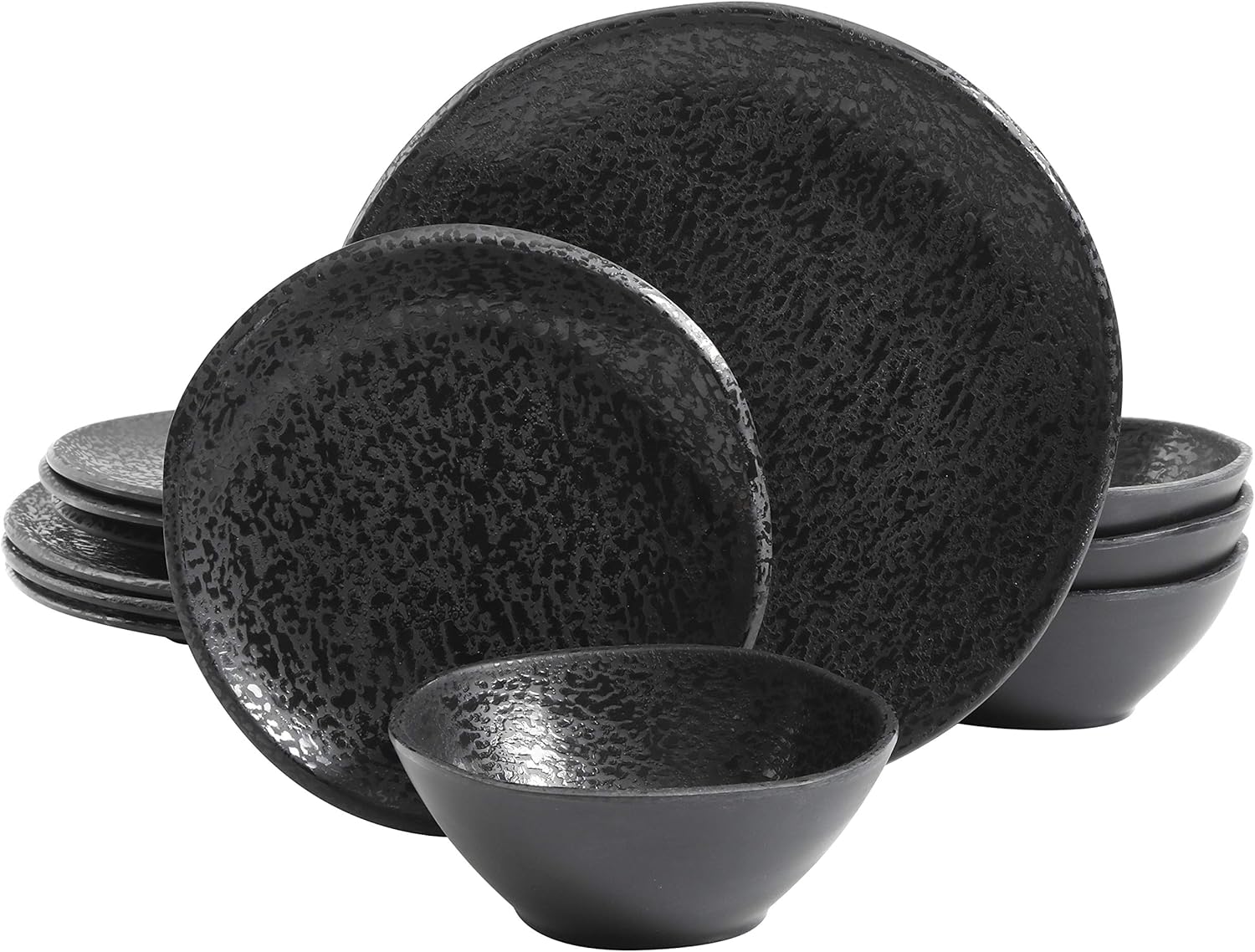 Gibson Home Yoko Round Melamine Dinnerware Set, Service for Four (12pcs), Matte Black