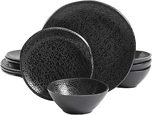 Gibson Home Yoko Round Melamine Dinnerware Set, Service for Four (12pcs), Matte Black