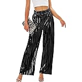 heipeiwa Women's Shiny Pleated Wide Leg Pants Party Nightout High Waist Trouser Folded Lightweight Outfit Clubwear