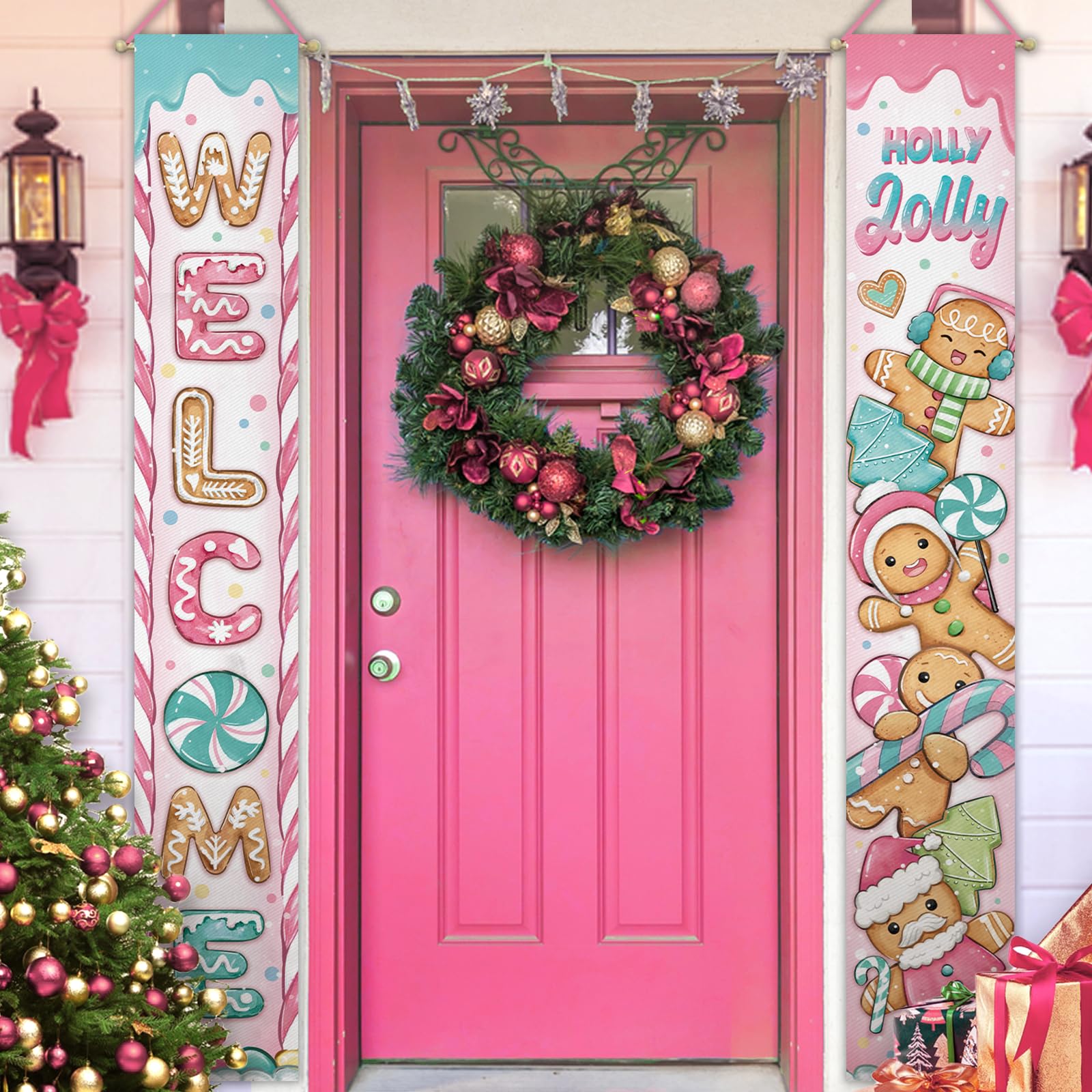 Photo 1 of Deroro Welcome Christmas Gingerbread Man Porch Banner Sign, Pink Xmas Holly Jolly Front Door Decorative Hanging Banner Flag, Funny Winter Holiday Peppermint Candy Decoration Home Outdoor Decor