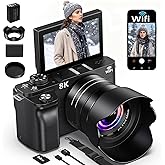 8K Digital Camera, 88MP Cameras for Photography, WiFi Vlogging Camera for YouTube with 3" 180° Flip Screen, 18X Zoom UHD Autofocus Video Camara with Lens Hood, 64GB Card