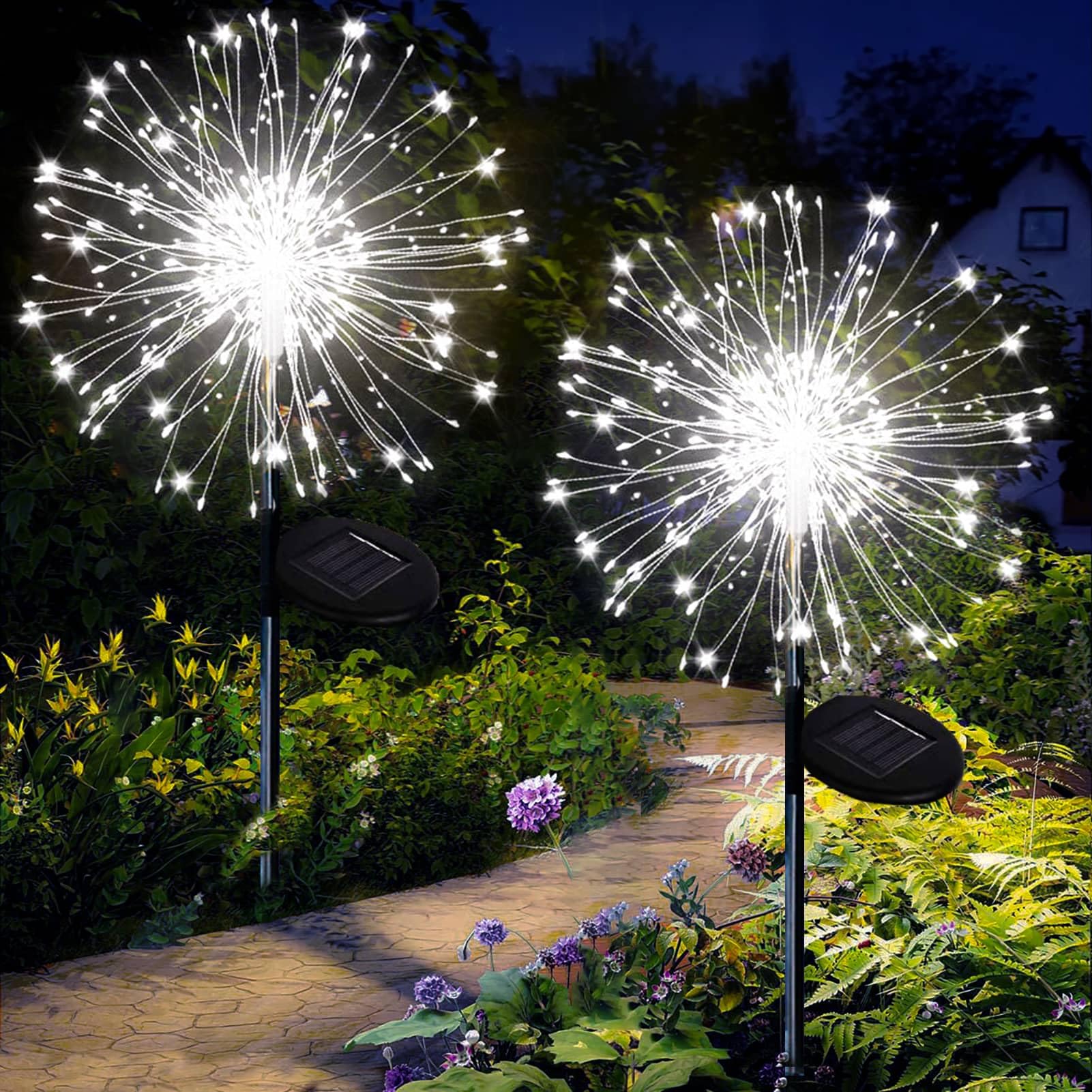 Joycome Garden Solar Lights, 2 Pack 120 LED Firework Solar Lights Outdoor Garden, 8 Modes Starburst Light Waterproof Dandelion Light for Yard Lawn Balcony Flowerbed Patio Pathway Party Decor - White