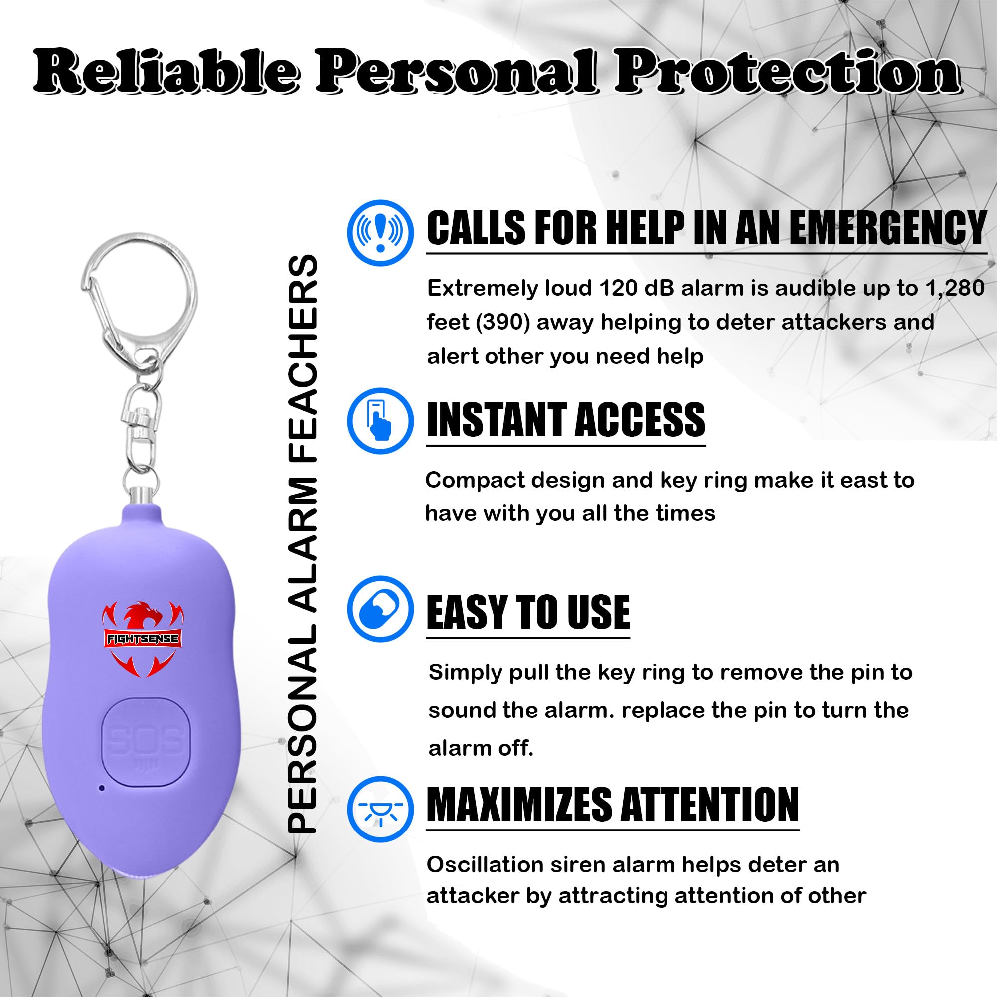 Fightsense Personal Alarm Keychain with Snap Hook, 130dB Siren Safety Alarm for Women LED Light (300m Audible) (Purple)