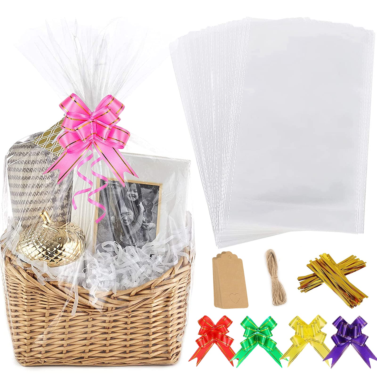 ACEHOME 20Pcs Cellophane Basket Bags, 14X20in Clear Hamper Wrap Bag with Pull Bow Blank Hangtag & Twist Ties, Large Present Bags Set for Gift Packaging Arts Crafts Toys Fruit Christmas Making