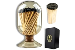 WINECRAFT Includes Matches ! | Smoke Gray Glass Matches Cloche | Grey Tinted Decorative Match Holder Jar for Candles Set Display (Black Matches)