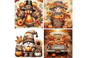 NEGEKFKX 4 pack Thanksgiving Day Diamond Art Kits for Adults Beginners,Fall Turkey Pumpkin Diamond Painting Kits for Adults,5D Full Drill DIY Diamond Dot Gem Art Kit Wall Home Decor Arts Craft 12x12 inch