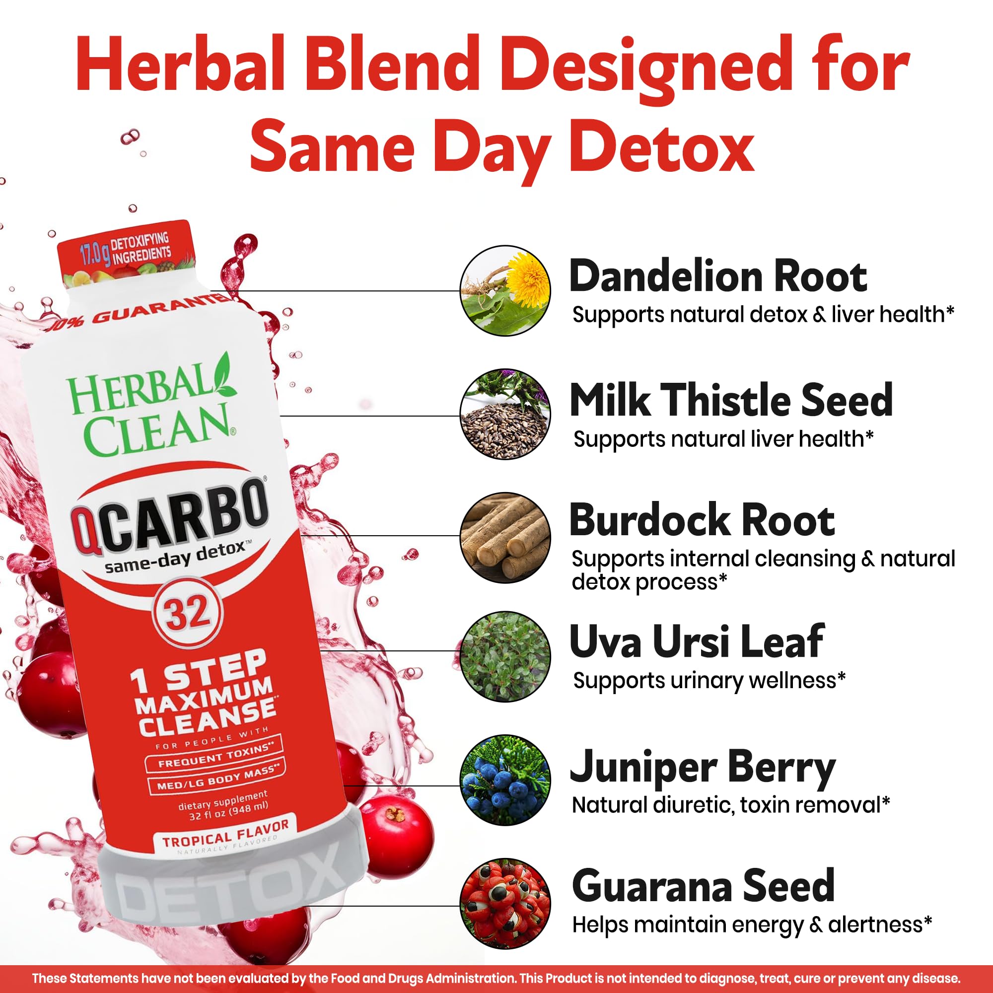 Herbal Clean Qcarbo32 Same-Day Detox Cleanse Drink (32 fl oz) - Tropical Flavor Full Body Cleanse* Detox Drink for Moderate Toxin Level*, Vitamin B2 and Vitamin B12 for Men & Women