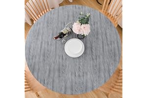 LIBERECOO Round Vinyl Fitted Tablecloth with Flannel Backing Elastic Edge Plastic Table Cover - Carbon Gray Wood - Waterproof Table Cloth Stain-Resistant Wipeable for 45"-56" Round Table