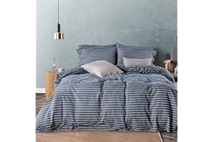 JELLYMONI Pinstriped 100% Washed Cotton Linen Like Duvet Cover Set, 3 Pieces Luxury Soft Bedding Set with Buttons Closure, Blue Stripes Pattern Printed Duvet Cover King Size(No Comforter)