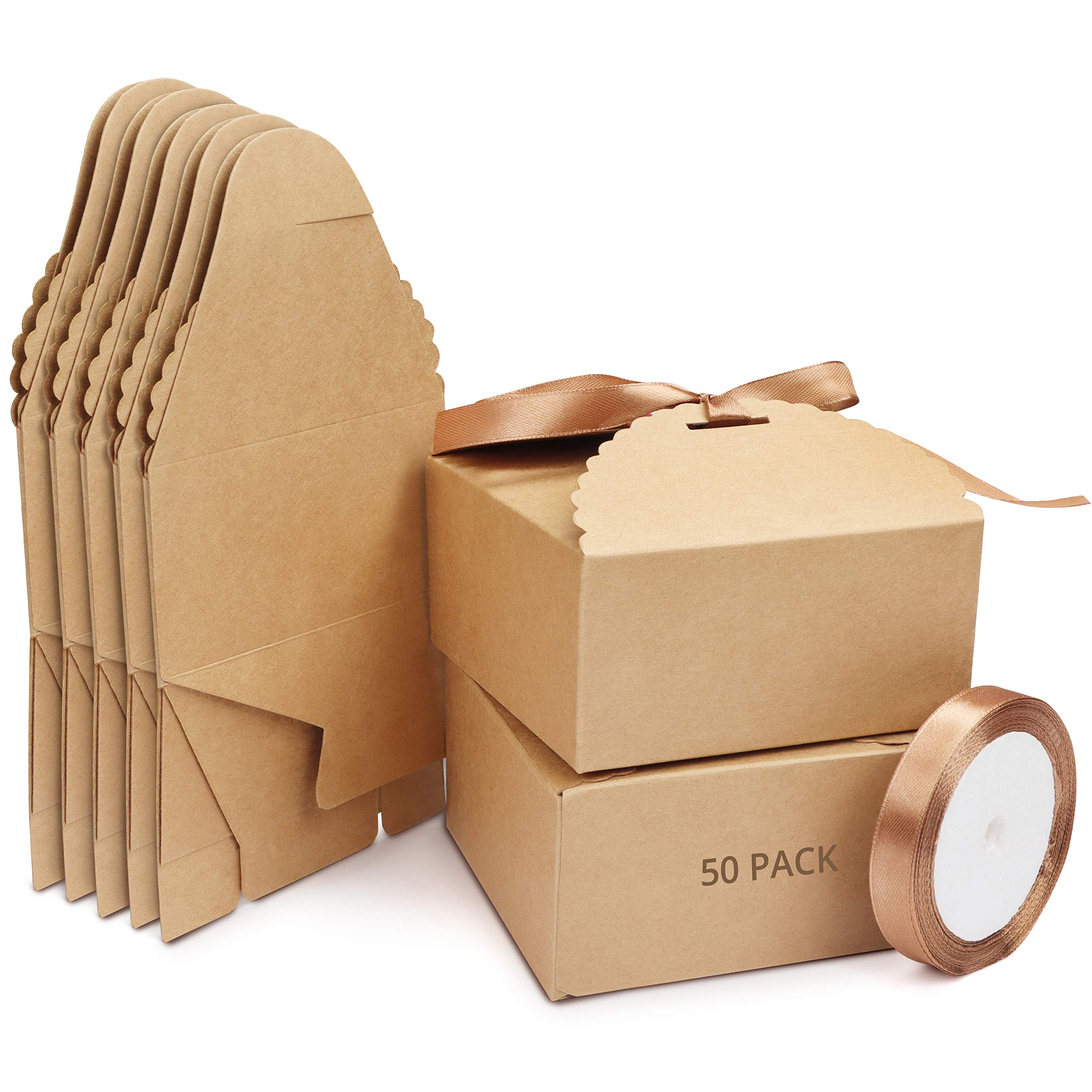 Belle Vous Brown Scalloped Kraft Paper Square Gift Boxes with Brown Ribbon (50 Pack) - 12 x 12 x 6cm (4.72 x 4.72 x 2.36 inches) - Small Boxes for DIY Wedding and Party Gifts, Favours & Candy
