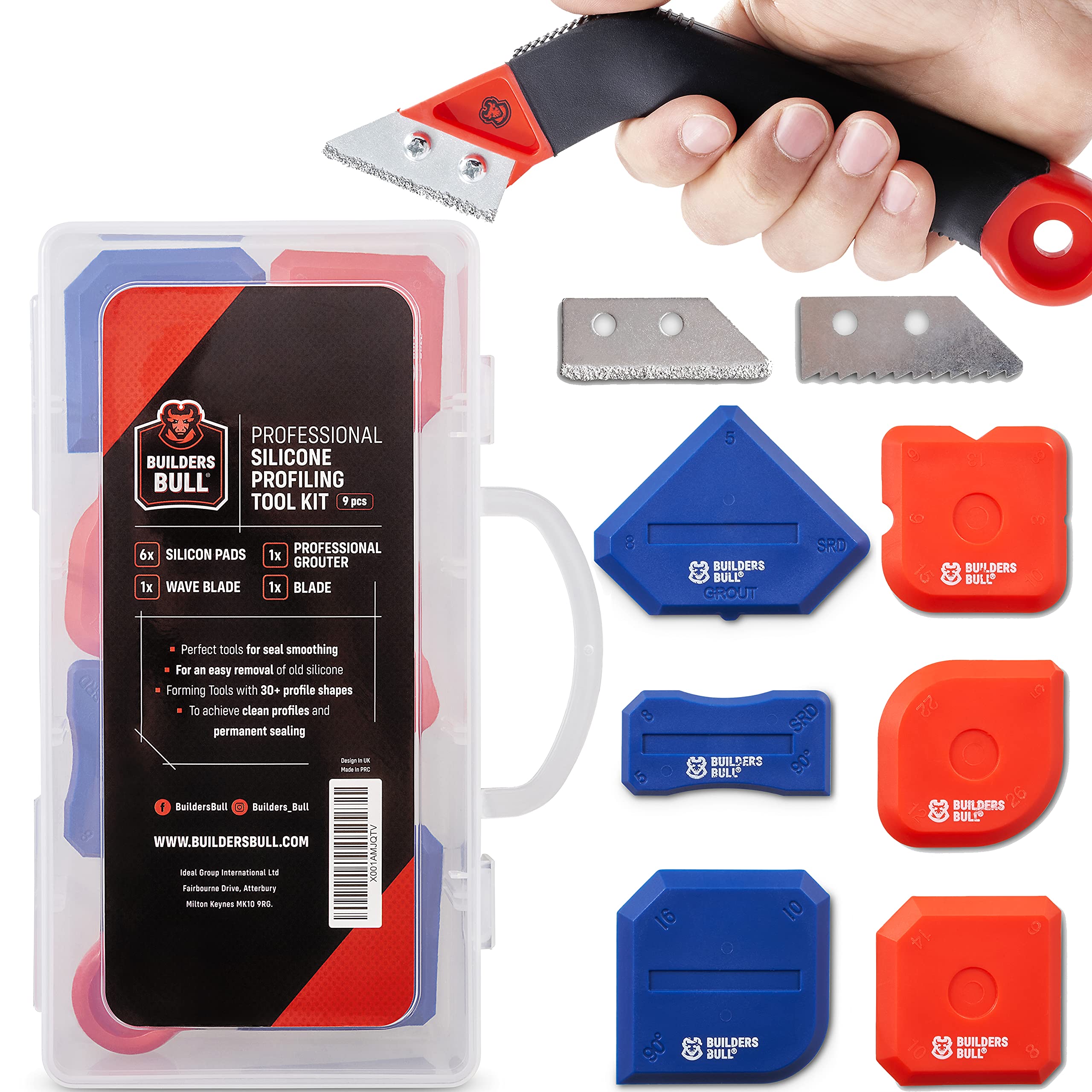 Silicone Sealant Finishing Tool Set - 6 Pads, 1 Professional Sealant Remover, 2 Extra Blades in Carry Box - Remover Tools - 30 Profile Shapes - Silicone Caulking Tool Kit