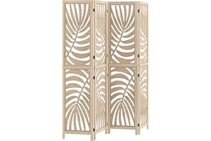 HOMCOM 4 Panel Room Divider, Detachable Portable Folding Privacy Screens, Freestanding Partition Wall Dividers with Palm Leaf