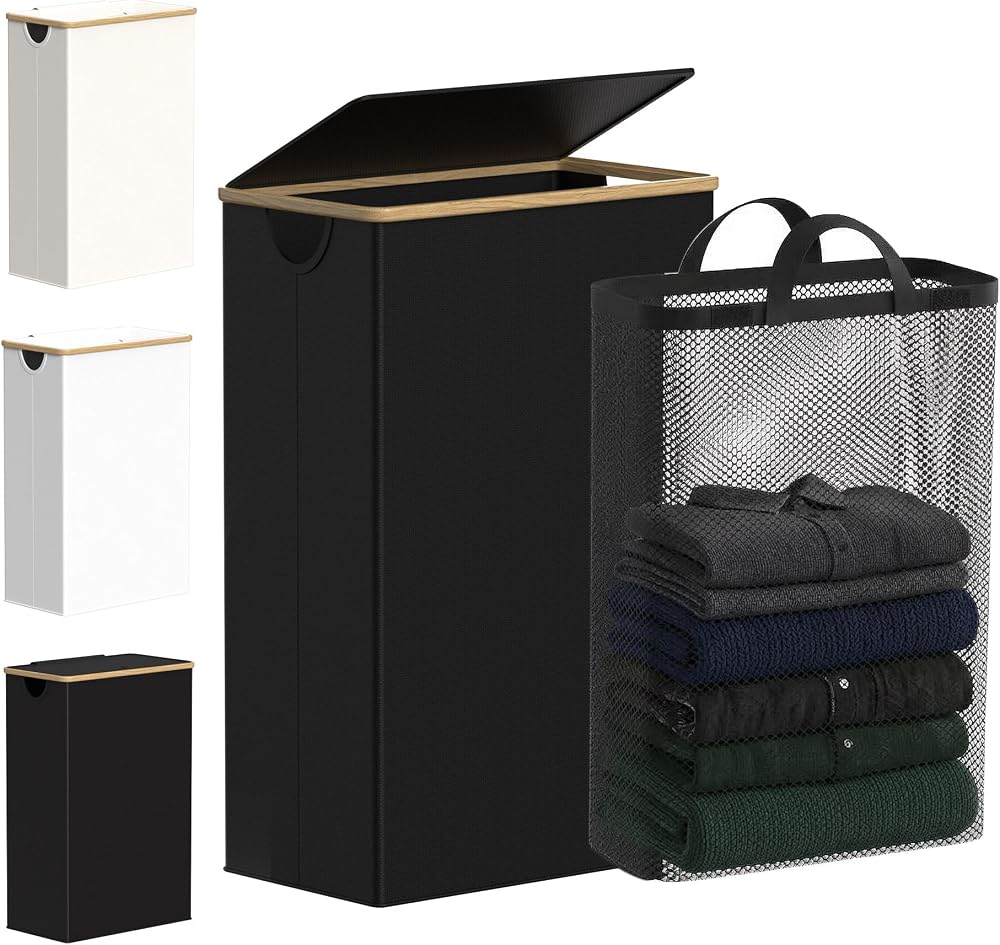 efluky Slim Laundry Basket with Lid 63L Tall Narrow Foldable Black