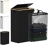 efluky Slim Laundry Basket with Lid 63L Tall Narrow Foldable Black