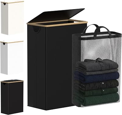 efluky Slim Laundry Basket with Lid 63L Tall Narrow Foldable Black