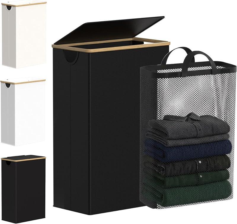 efluky Slim Laundry Basket with Lid 63L Tall Narrow Foldable Black