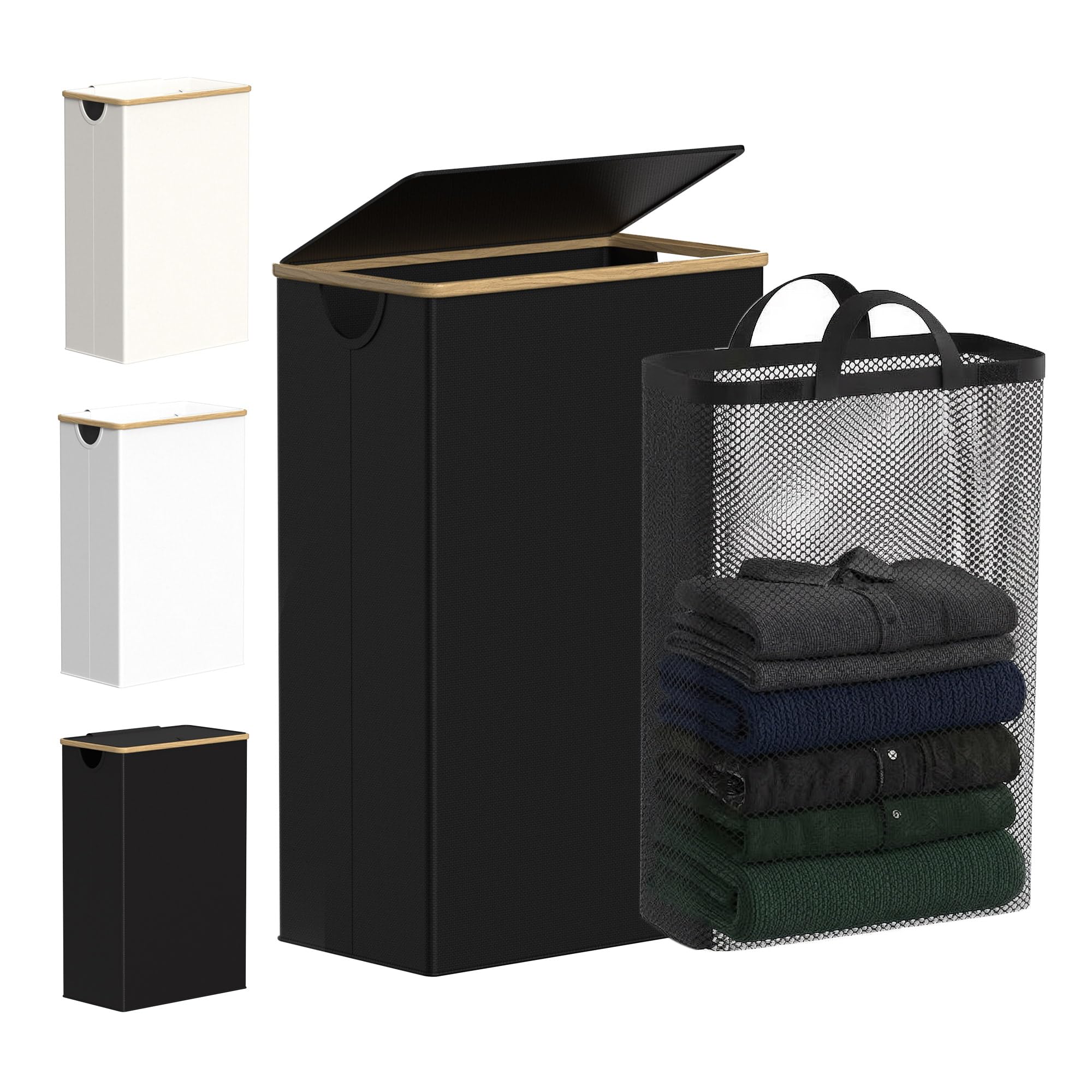 efluky Slim Laundry Basket with Lid, Tall Narrow Washing Basket for Laundry, Folding Small Slimline Laundry Baskets for Dirty Clothes, 75L Cloth Storage Basket Black