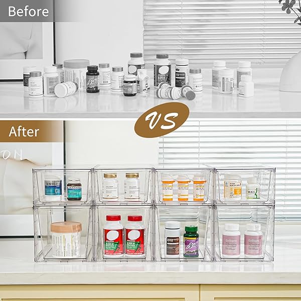 CLEMATE 4PACK STACKABLE KITCHEN STORAGE ORGANIZER, PANTRY ORGANIZERS AND STORAGE, CLEAR FOODS ORGANIZER BINS WITH HANDLES, EASILY ASSEMBLE FOR BATHROOM, KITCHEN, PANTRY, CABINET, CLOSET