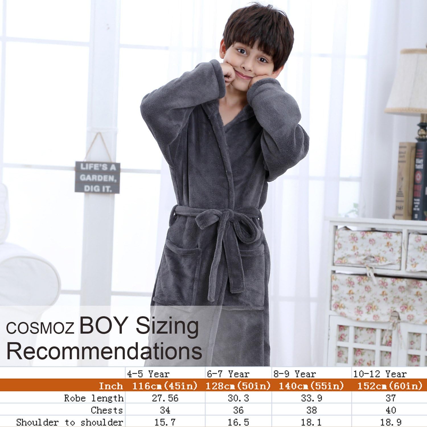Hooded Herringbone Boy's Fleece Grey Soft Spa Kimono Long Robe, Kids Comfy Sleepwear Bathrobe(6-7 Year): Clothing