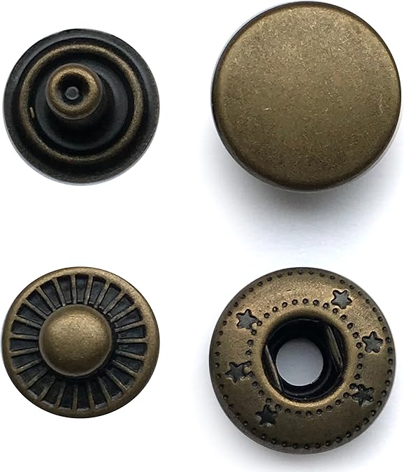10 sets of 15mm snaps in Antique Brass colour. Nickel Free Poppers