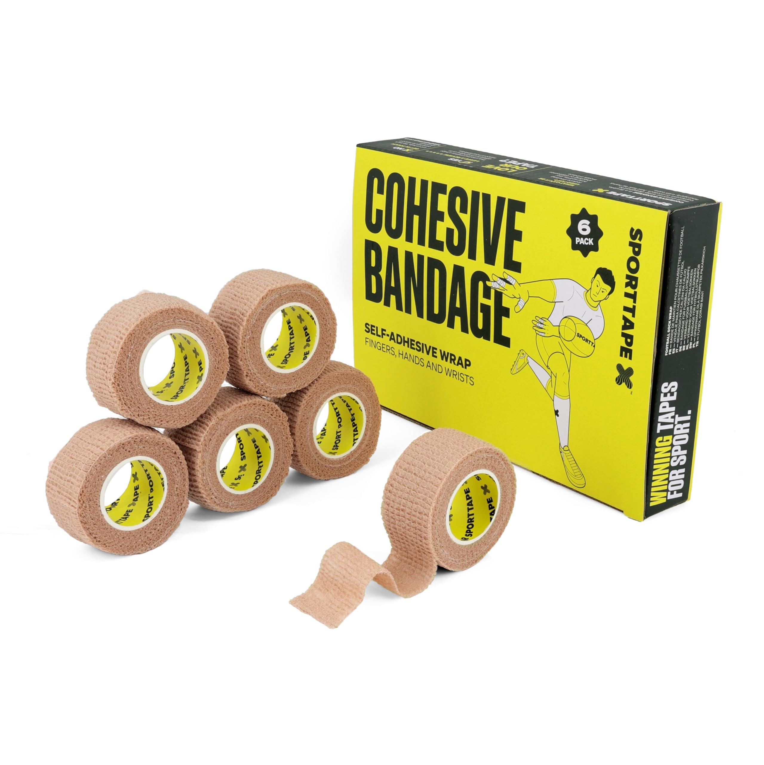 6 Rolls SPORTTAPE Cohesive Finger Tape - 2.5cm x 4.5m - Compression Bandage - Beige | Self-Adhesive Wrap - Thumb, Toe, Goalkeeper Finger & Wrist Tape | First Aid & Medical Physio Bandage