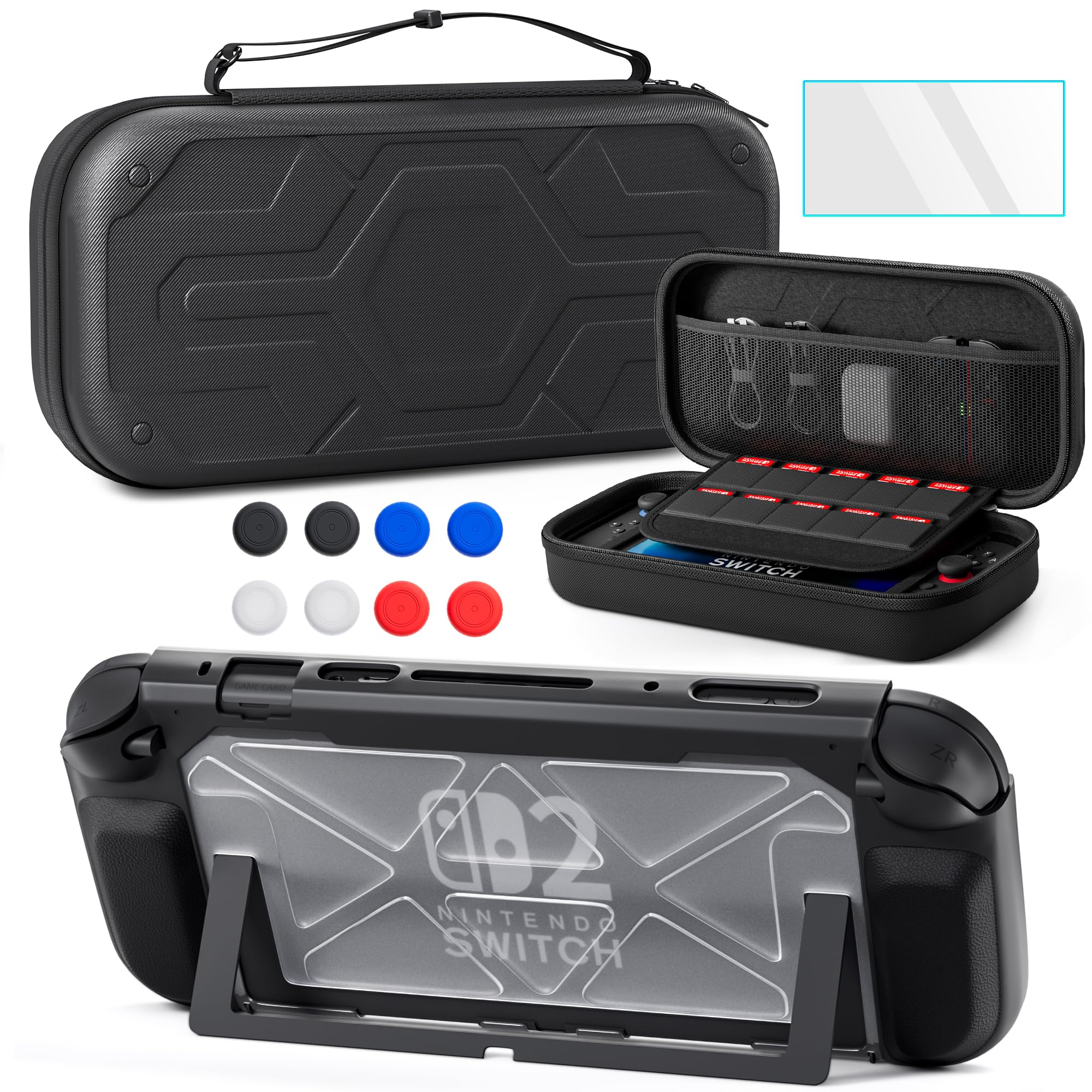 PAWDIARY Black Switch 2 Carrying Case Travel Pouch, Accessories Bundle with Heavy Duty Switch 2 Dockable Cover, HD Screen Protector, and 8 Thumb Caps
