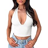 Balimtoy Halter Tops for Women Y2k Deep V Neck Backless Going Out Crop Tank Top Sexy Summer Cami Shirts