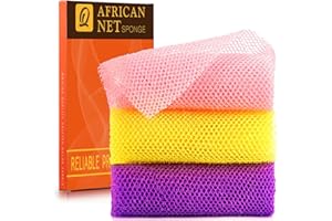 UJFQBH 3 Pieces African Bath Sponge African Net Long Net Bath Sponge Exfoliating Shower Body Scrubber Back Scrubber Skin Smoother,Great for Daily Use (Pink,Yellow,Purple)